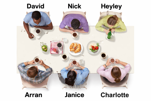 Six people eating breakfast